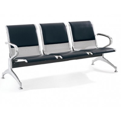 Lobby Chairs for Reception Room, Office, 3 Seat Reception Bench, Black leather cushion